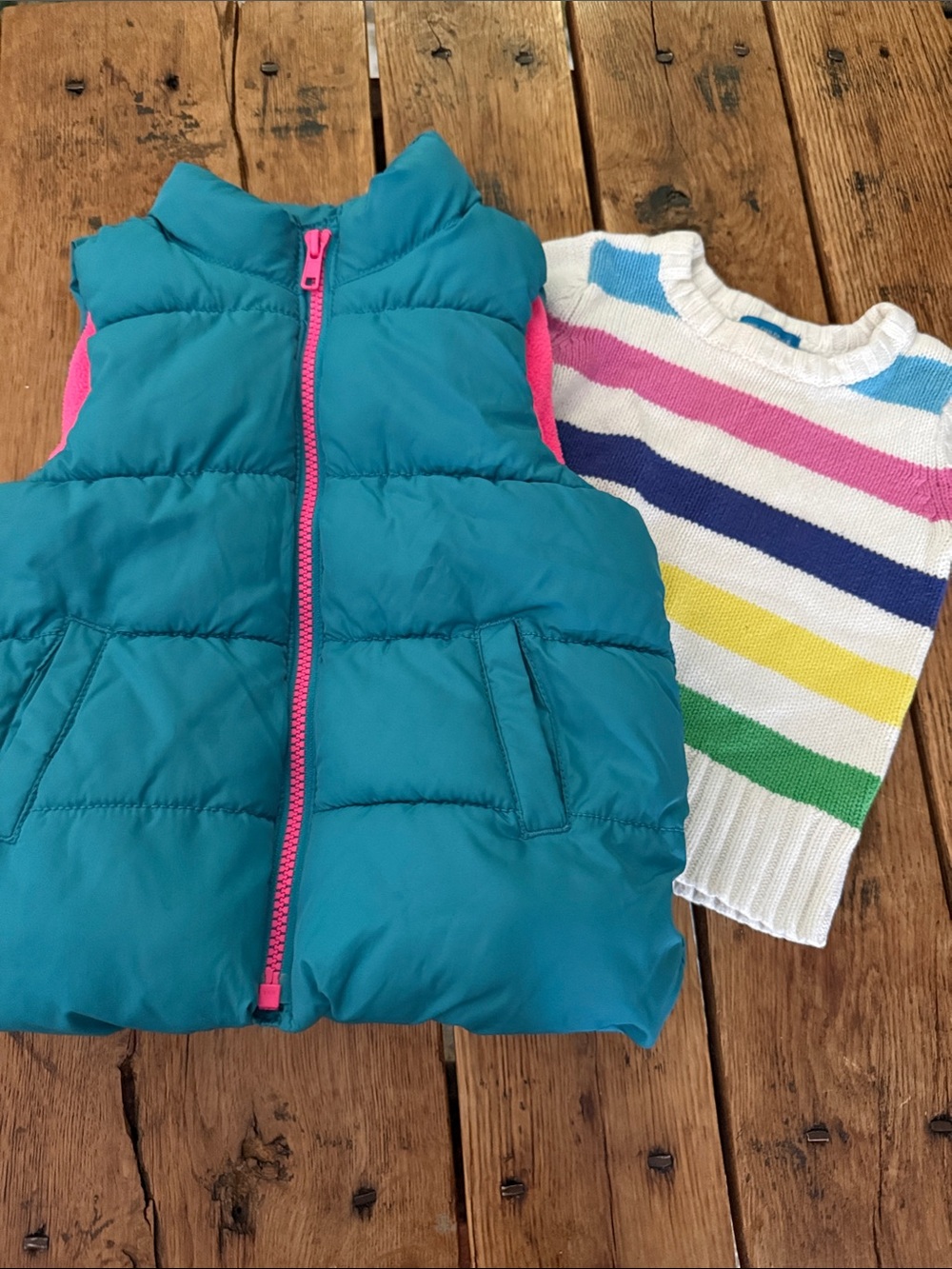 Old Navy Teal Puffer Vest with Pink Trim & Children’s Place Stripe Sweater, 3T